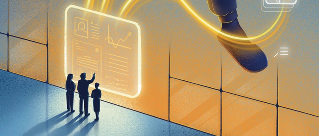 Graphic depicting three scientists looking at a screen with data on it.