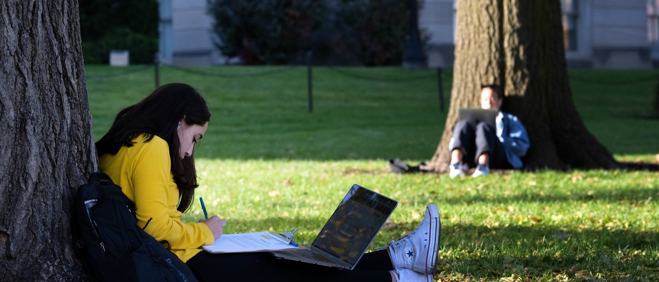 Two students sit outside and work on computers. A brown-haired woman in the foreground leans on a tree wearing a yellow top..