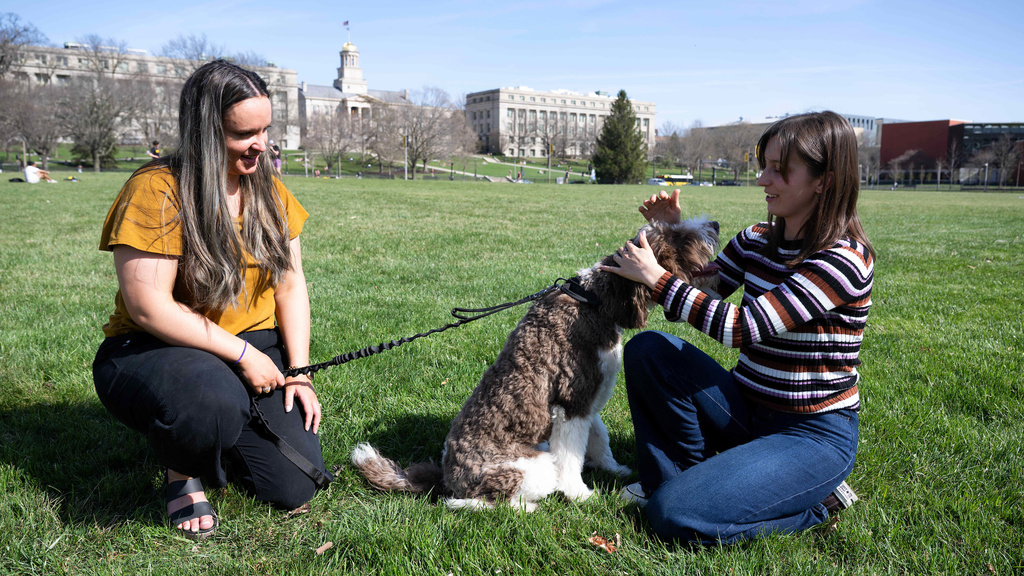 Wilkie the Therapy Dog with students